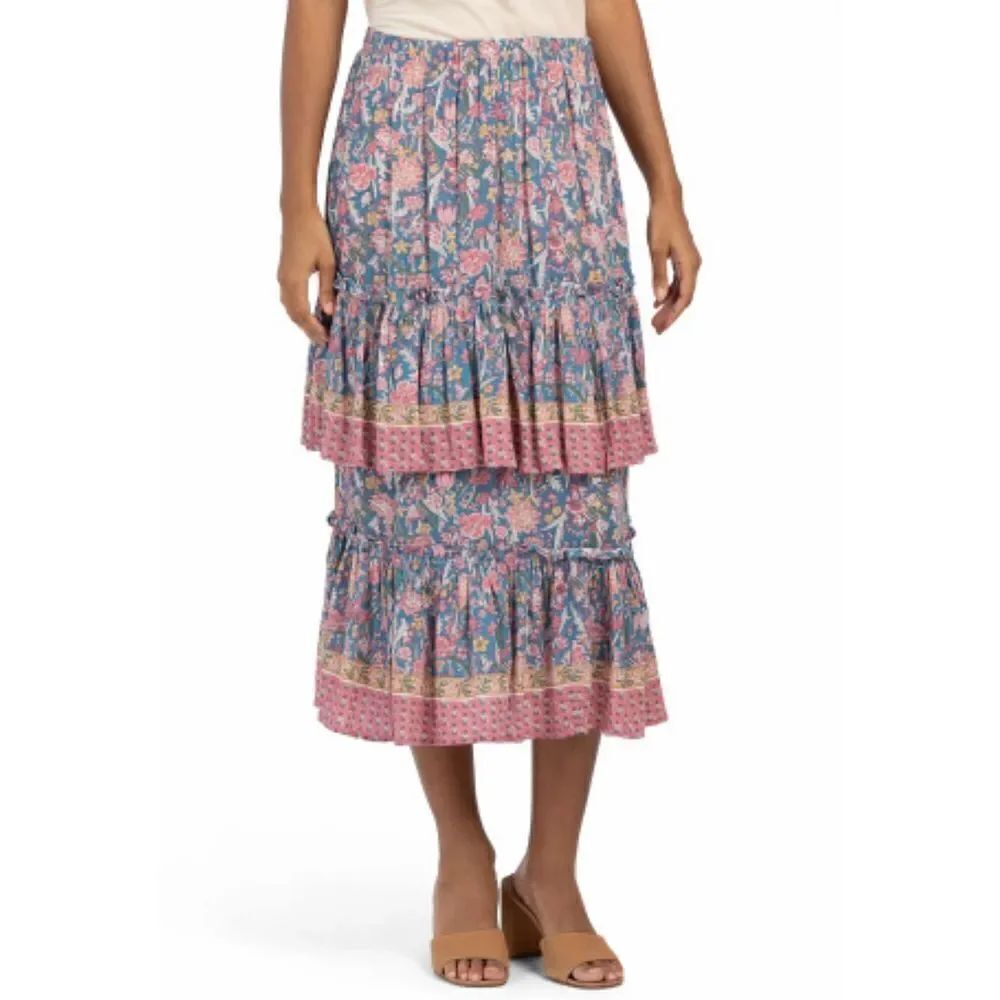 Rachel Zoe Floral Tiered Ruffle Maxi Skirt Blue multi Size Large NWT